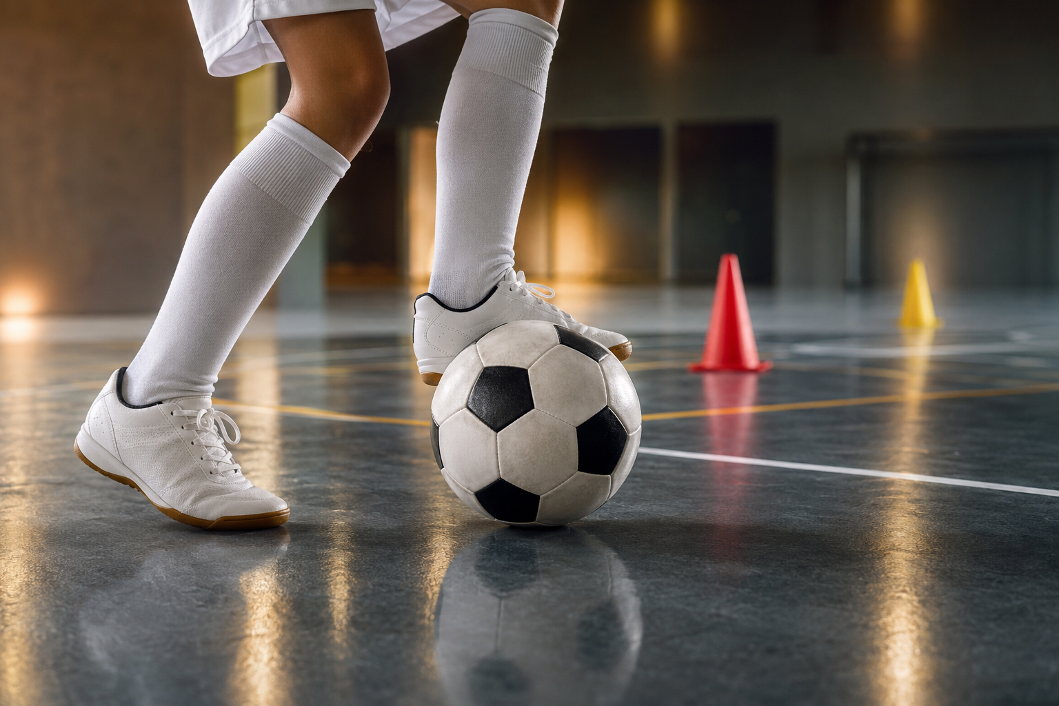 Travail du ballon sur le sol d’une salle indoor